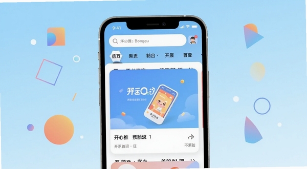 开心推应用主界面展示图,画面中央是手机屏幕正视图,屏幕内显示开心推的首页信息流卡片布局,顶部有搜索栏和分类标签,背景为浅蓝色渐变,周围点缀少量几何图形装饰,整体风格简洁清新,适配Boogu模型生成,开心推软件界面预览图
