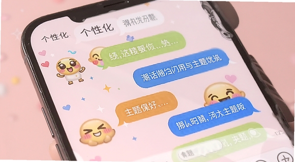 潮话表情包与主题界面,手机屏幕展示可爱表情包和彩色聊天气泡,背景为柔和粉色,突出个性化聊天体验