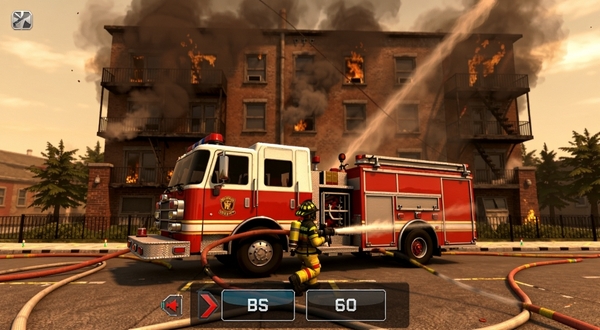 Firefighter Simulator 游戏主界面全景展示,画面中央是一辆红色消防车停在起火建筑前,消防员手持水枪正在灭火,背景是浓烟滚滚的居民楼,整体色调偏暖,带有写实3D渲染风格,画面下方有操作按钮区域