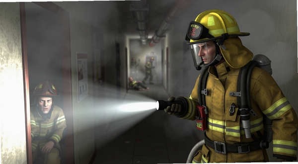 Firefighter Simulator 消防员在浓烟走廊中用手电筒搜寻被困人员的画面,光线穿透烟雾形成光束,消防员身穿黄色防护服,背景是模糊的室内通道,3D写实渲染,氛围紧张