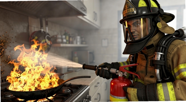 Firefighter Simulator 消防员手持灭火器近距离扑灭厨房油锅火焰的特写画面,火焰呈橙黄色,消防员面罩反射火光,背景是烟雾弥漫的室内环境,3D写实风格,细节丰富