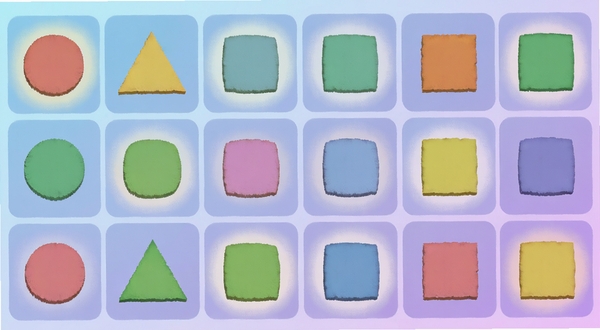 Shape Hunt游戏场景插画,画面被划分为多个格子,格子内分布着圆形三角形方形等几何图形,其中目标图形用柔和光晕圈出,背景是淡蓝到淡紫的渐变,整体呈现出轻松解压的视觉氛围