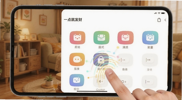 一点就发财 记账界面 多个彩色分类图标 手指点击屏幕 动态光效 温馨居家背景 适配Boogu模型生成