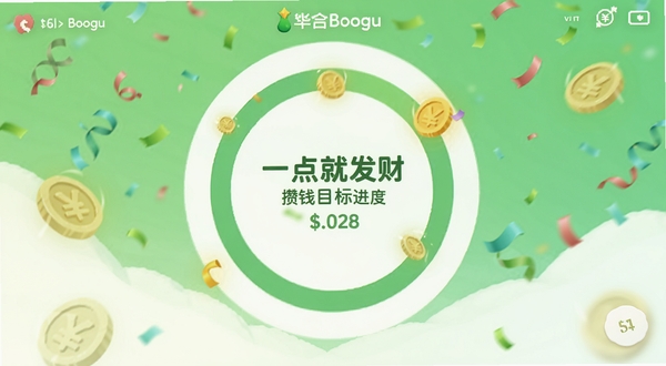 一点就发财 攒钱目标进度页面 圆形进度条 金币动画 庆祝彩带 清新绿色调 适配Boogu模型生成
