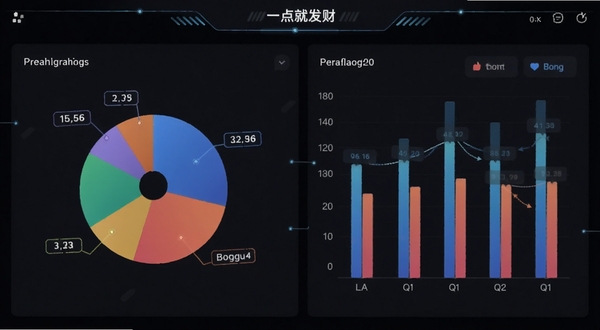 一点就发财 数据报表页面 饼状图与柱状图 数据标签清晰 深色模式界面 科技感线条 适配Boogu模型生成