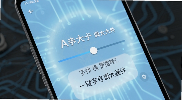 一键字号调大器软件主界面全貌展示,画面主体为一部安卓手机屏幕特写,屏幕中央显示字体大小调节滑块与预览文字,背景区域为柔和的浅蓝色渐变科技感光晕,整体风格简洁明快,突出工具类应用的便捷属性,高清渲染,细节丰富