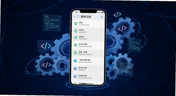 一键字号调大器版本更新功能展示图,画面主体为手机屏幕显示软件更新日志列表,背景为深蓝色科技感网格纹理,屏幕周围环绕着齿轮与代码符号,象征版本迭代与功能优化,整体风格现代简洁,高清渲染