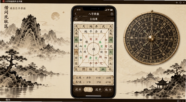 借问八字排盘软件主界面全貌展示,画面中央为手机屏幕显示八字排盘结果,包含天干地支、五行属性、大运流年等信息,背景为传统中国风水墨山水与罗盘元素,整体色调以米黄与深棕为主,风格古朴典雅,适合Boogu模型生成
