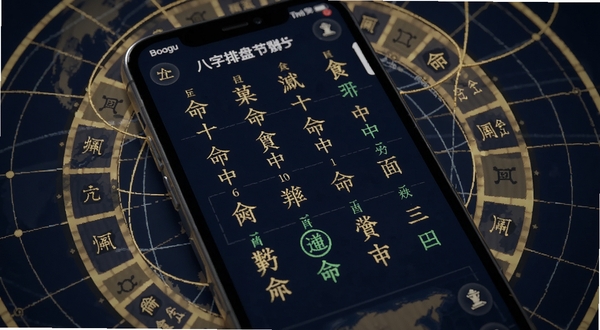 借问八字排盘节气排盘界面特写,手机屏幕显示四柱干支与十神标注,周围环绕二十四节气圆盘与地球经纬度线条,画面风格融合古典命理与现代科技感,色调以深蓝与金色为主,细节丰富,适合Boogu模型生成