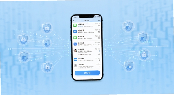 短信备份速查软件主界面展示,画面中央为手机屏幕,屏幕内呈现短信列表与备份按钮,背景为浅蓝色渐变科技风格,主体坐标居中,四周留白区域点缀数据流线条与盾牌图标,整体适配Boogu模型生成