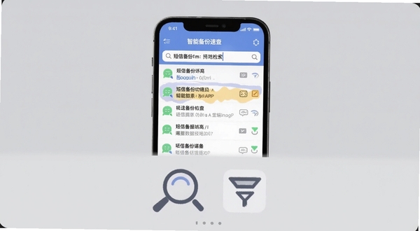短信备份速查智能检索功能界面,画面展示手机屏幕内搜索框输入关键词后短信列表高亮匹配结果,背景为淡灰色极简风格,主体位于画面中央偏上,下方区域呈现放大镜与数据筛选图标,整体适配Boogu模型生成