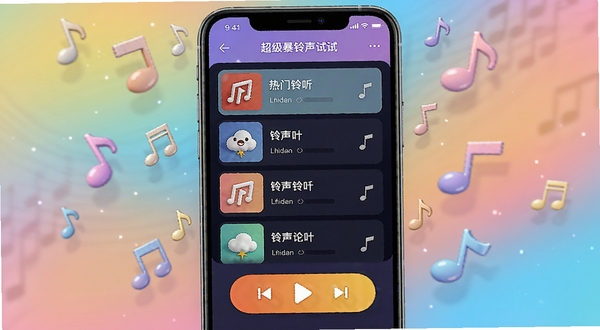 超级火爆铃声软件主界面展示,画面中央是手机屏幕,屏幕内显示热门铃声列表和播放按钮,背景是柔和渐变色彩,周围漂浮着音符图标,整体风格活泼明快,突出铃声下载与试听功能