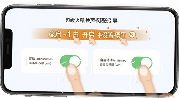 超级火爆铃声权限设置引导界面,手机屏幕显示存储权限和自启动权限开关,配有手指点击操作的示意动画,背景为浅色简洁风格,突出权限开启的重要性