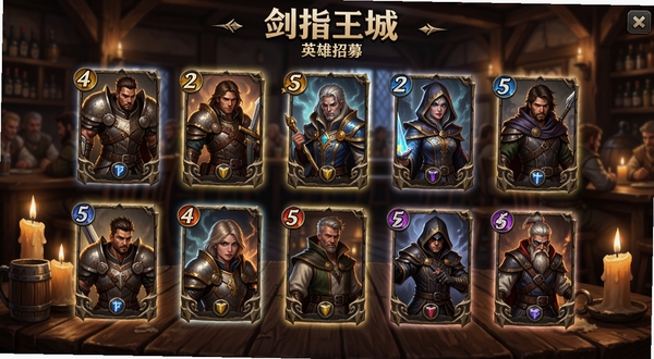 剑指王城 英雄招募界面 多位不同职业的英雄卡牌排列 战士法师牧师刺客 卡牌有稀有度光效 背景是酒馆内部 木桌烛光 奇幻风格 画面精致 适配Boogu模型