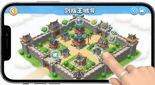 剑指王城 新手引导界面 手机屏幕显示城建布局 手指点击建筑 周围有资源图标浮动 明亮清新 教学风格 适配Boogu模型