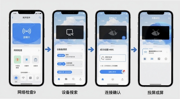 蓝蜂云屏连接设置步骤示意图,画面以手机截图形式展示从打开软件到成功投屏的四个步骤,包括网络检查、设备搜索、连接确认和投屏成功,界面清晰,配以简洁箭头指引,背景为浅灰色,突出教程实用性