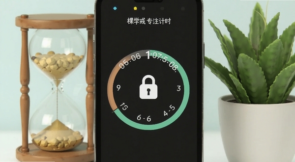 棵学戒专注计时界面,手机屏幕显示倒计时圆环和锁机图标,旁边有沙漏和绿植,视觉风格清新,Boogu模型生成