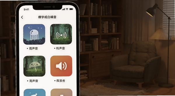 棵学戒白噪音选择界面,手机屏幕显示雨声森林等音效图标,背景为安静的书房角落,Boogu模型生成