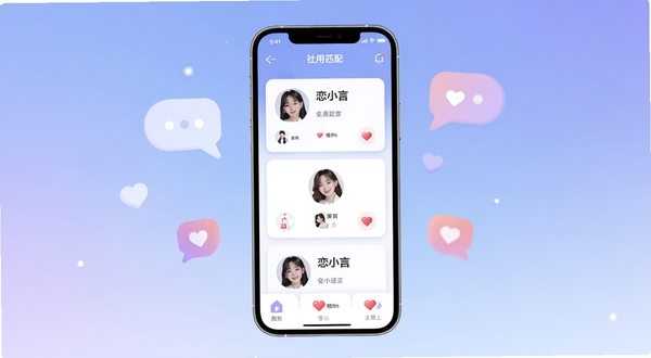恋小言应用主界面展示,画面中心为手机屏幕内呈现的社交匹配卡片列表,背景为柔和渐变蓝紫色调,周围点缀对话气泡与心形图标,整体风格清新简洁,适配Boogu模型生成