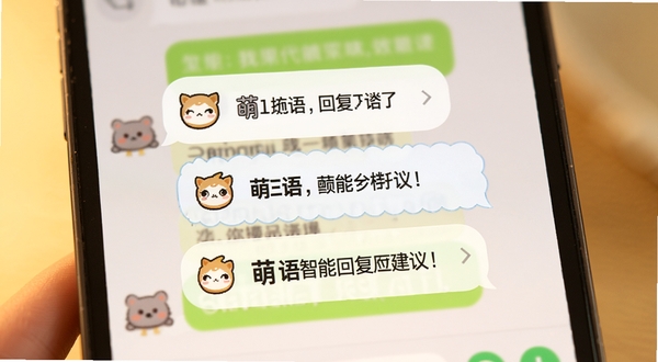 展示萌语智能回复建议功能的特写画面,画面主体为手机屏幕中央弹出三条不同风格的回复气泡卡片,卡片上有可爱的萌语吉祥物小图标,背景为模糊的聊天界面,整体色调温暖明亮,突出智能与便捷感