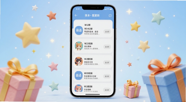 萌语最新版本更新内容展示图,画面主体为手机屏幕显示更新日志列表,有版本号和更新条目,背景为淡蓝色渐变,周围有星星和礼物盒装饰元素,整体传达焕然一新的感觉