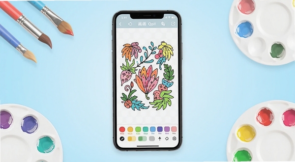 我的画画世界 软件主界面全貌展示,画面中央位置放置一部智能手机,手机屏幕上显示我的画画世界的填色画布界面,画布上有未上色的线稿图案和底部调色盘工具栏,背景区域为柔和的浅蓝色渐变,周围点缀彩色画笔和颜料盘元素,整体风格清新明亮,适合休闲绘画软件宣传图