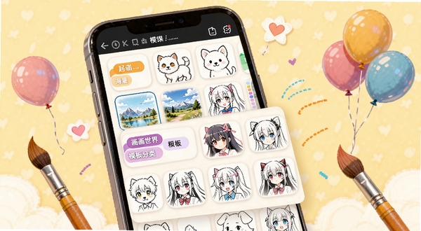我的画画世界 海量线稿模板库界面,画面主体为手机屏幕中展示的线稿分类列表,包含动物、风景、动漫等多个分类标签和缩略图预览,背景区域为温馨的浅黄色调,手机周围漂浮着彩色气球和画笔装饰,突出模板丰富多样的特点