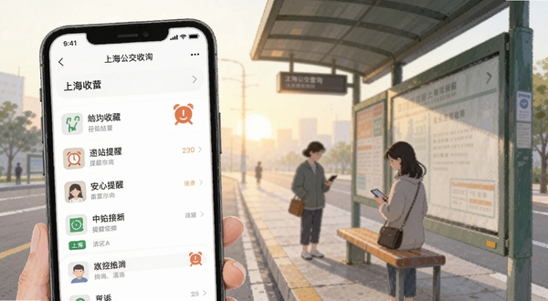 上海公交查询APP到站提醒设置界面,画面主体为手机屏幕显示线路收藏列表与闹钟提醒图标,背景为清晨公交站台场景,风格为淡雅生活化插画,突出便捷与安心感