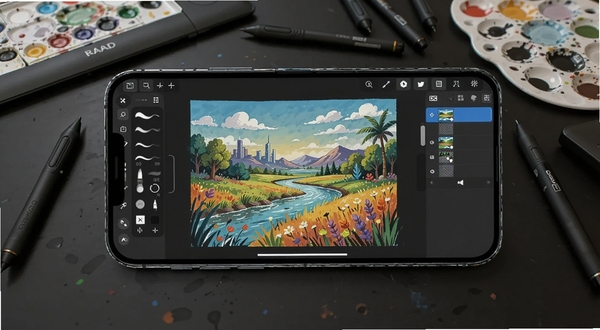 我的画画世界 自由画板创作场景,画面主体为手机横屏显示的绘画界面,画布上有一幅正在绘制的彩色风景画,左侧为笔刷工具栏,右侧为图层管理面板,背景区域为深色工作台面,周围散落着数位笔和调色板,营造专业创作氛围