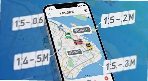 上海公交查询APP实时车辆追踪界面,画面主体为手机屏幕特写,显示上海地图背景上移动的公交车图标与预计到达时间气泡,周围环绕着虚拟的到站倒计时数字,风格为科技感扁平插画