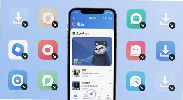 手机e站应用主界面展示,画面中央是手机e站APP的首页推荐流,背景为浅色渐变,周围环绕软件图标与下载箭头元素,整体风格简洁科技感,适配Boogu模型生成