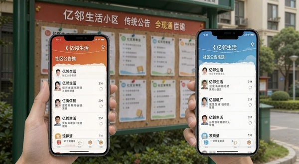 亿邻生活 社区公告推送界面 手机屏幕显示通知列表 背景为小区公告栏 对比传统与现代信息传递