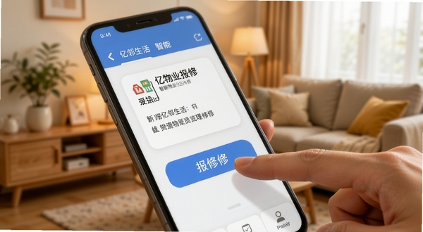 亿邻生活 智慧物业报修界面 手机屏幕特写 手指点击报修按钮 背景为温馨家居环境 突出便捷操作
