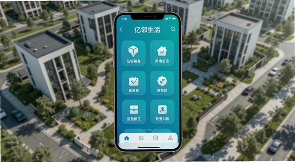亿邻生活 智慧社区服务 手机应用界面展示 主色调为蓝绿色 背景为现代小区俯瞰图 画面中央为手机屏幕模型 屏幕内显示社区服务功能图标 整体风格简洁科技感