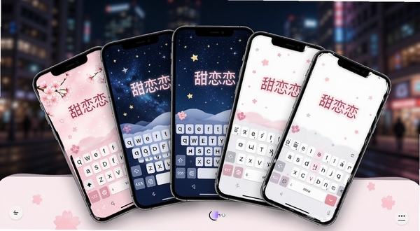 甜恋键盘主题皮肤展示界面,画面中多部手机呈扇形排列,每部手机屏幕显示不同风格的甜恋键盘皮肤,包括粉色樱花主题、蓝色星空主题和简约白色主题,背景为虚化的城市夜景,突出键盘的个性化视觉效果