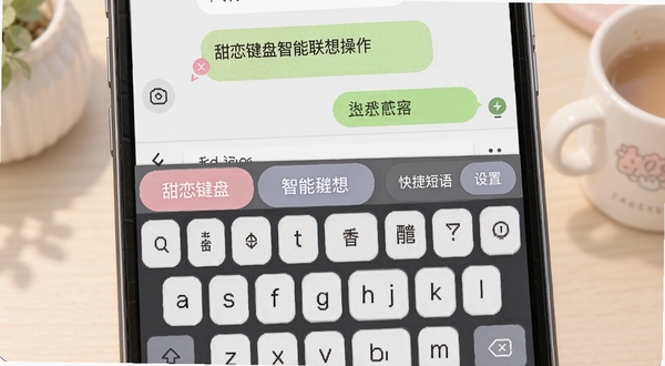 甜恋键盘智能联想功能操作界面,展示手机屏幕上方为聊天对话框,下方为甜恋键盘的候选词区域,候选词以圆角卡片形式排列,旁边有快捷短语设置入口按钮,整体UI风格柔和清新