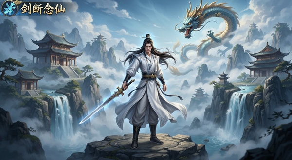 一剑断念仙侠手游主界面全景,画面中央展示一位白衣剑修持剑而立,背景为云雾缭绕的仙山楼阁与飞瀑流泉,远处有巨龙盘旋于天际,整体色调以青蓝与金色为主,唯美东方玄幻风格,高清游戏宣传图