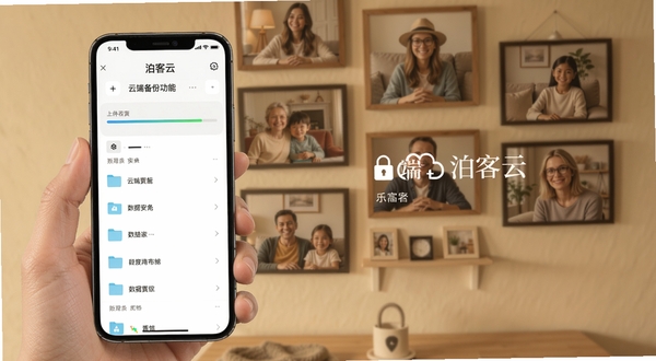 泊客云 云端备份功能界面 手机屏幕显示上传进度条和文件夹列表 背景为温馨的家庭照片墙 体现数据安全存储的概念