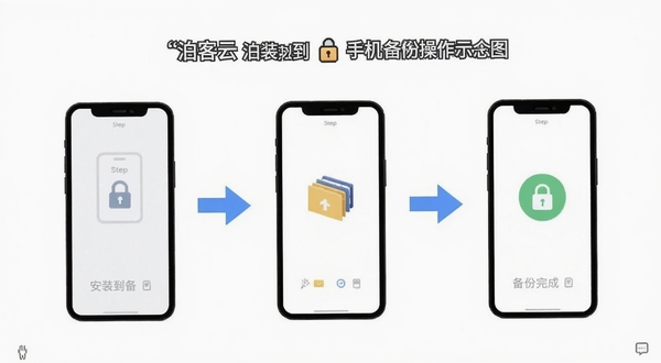 泊客云 手机端操作步骤示意图 展示从安装到备份完成的流程 背景为简洁的步骤引导页面 包含手机图标和箭头指示