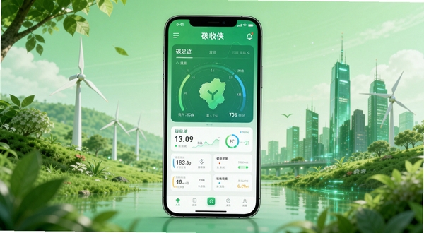 碳收侠软件主界面全貌展示,画面中央为手机屏幕中的碳足迹数据仪表盘,背景为清新的绿色自然元素与城市剪影融合,整体风格简洁科技感,适配Boogu模型生成