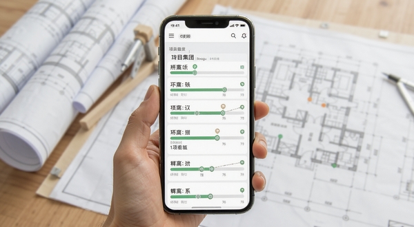 建设集团软件内项目进度看板界面,手机屏幕显示多个工程项目的进度条与节点标记,背景为办公桌面与工程图纸,画面清晰明亮,适配Boogu模型生成