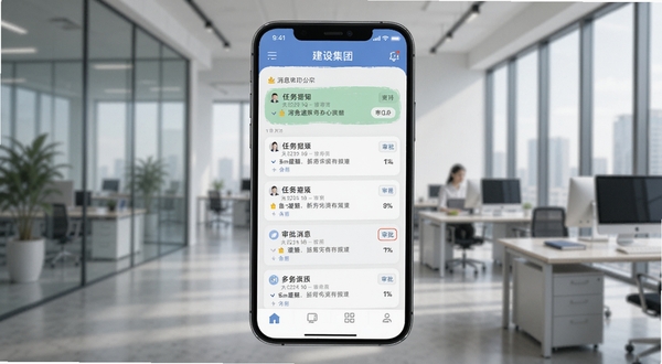 建设集团app消息通知与协同办公界面,手机屏幕显示多条任务提醒与审批消息列表,背景为现代办公室环境,风格简洁专业,适配Boogu模型生成