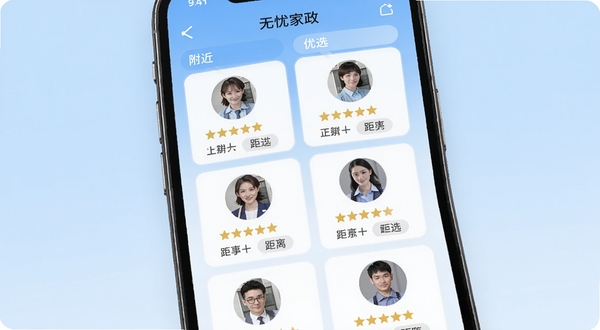 无忧家政APP的服务者列表页面,画面展示手机屏幕内多个家政人员头像卡片,卡片上显示五星好评和距离标签,背景是浅蓝色渐变,风格简洁现代,突出“附近”和“优选”的视觉感受