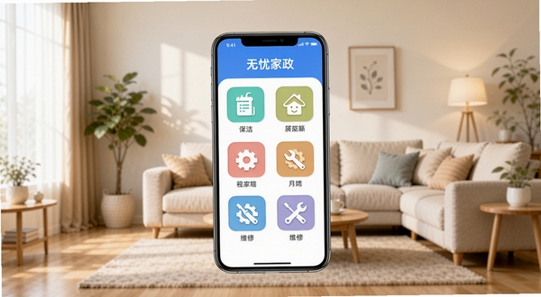无忧家政APP首页界面展示,画面中央是手机屏幕,屏幕内显示家政服务分类图标如保洁、月嫂、维修,背景是温馨整洁的现代客厅环境,明亮柔和的光线,扁平化设计风格,高清细节,适合作为软件下载站宣传图