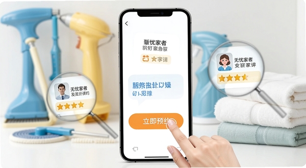 无忧家政APP操作教程示意图,画面展示一部手机屏幕,屏幕上用手指点击“立即预约”按钮,旁边有放大镜查看服务者评价的图标,背景是干净的家政工具和折叠整齐的毛巾,风格清新直观