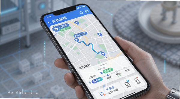 无忧家政APP订单追踪界面,手机屏幕显示地图轨迹和状态时间轴,上面有“已接单”“已出发”“服务中”等标签,背景是城市街区简图,科技感与生活感结合,突出实时便捷