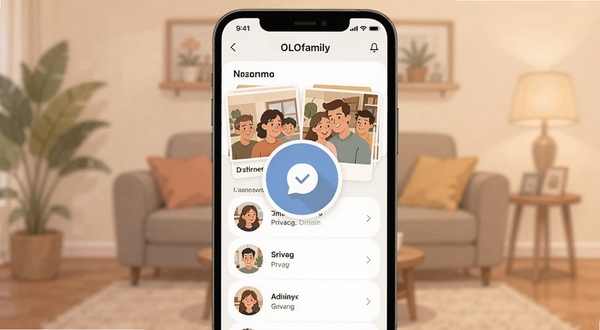 OLOfamily 私密家庭圈功能界面,手机屏幕展示家庭群组相册与成员列表,界面温馨柔和,背景为家庭客厅虚化场景,突出隐私保护图标,扁平插画风格
