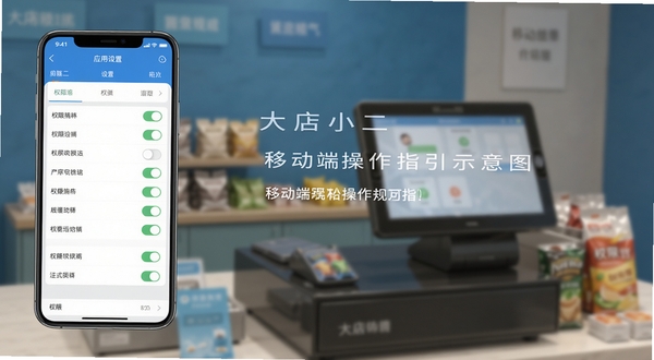 大店小二移动端操作指引示意图,画面主体为手机屏幕显示的应用设置界面与权限开关列表,背景区域为柔和虚化的店铺收银台场景,整体构图清晰,突出移动端使用的便捷与规范