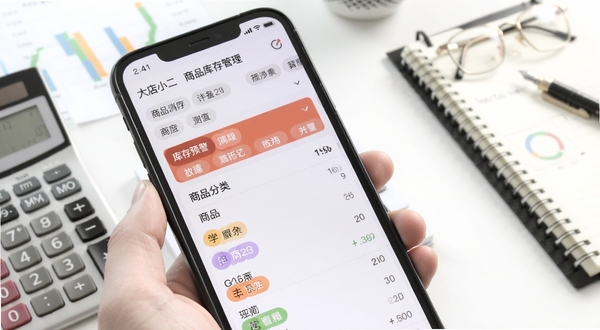 大店小二商品库存管理界面特写,画面中心为手机屏幕上显示的库存预警列表与商品分类标签,背景区域为简洁的白色办公桌面与计算器、记事本等经营道具,整体色调清爽,突出数字化管理的便捷性