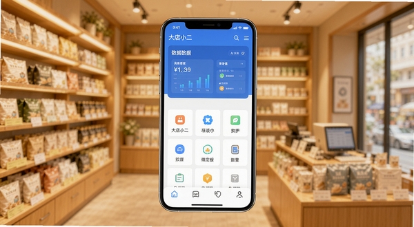 大店小二应用主界面全景展示,画面中央为手机屏幕内呈现的店铺经营数据看板与功能图标网格,背景区域为暖色调的实体店铺货架虚化场景,整体风格简洁明亮,突出移动端店铺管理工具的实用感